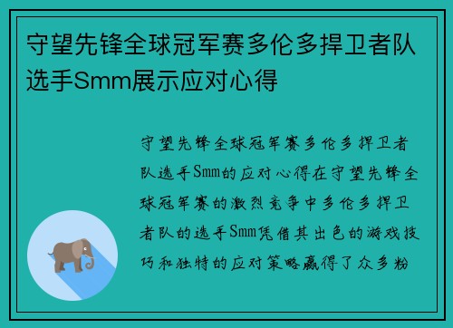 守望先锋全球冠军赛多伦多捍卫者队选手Smm展示应对心得