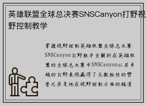 英雄联盟全球总决赛SNSCanyon打野视野控制教学