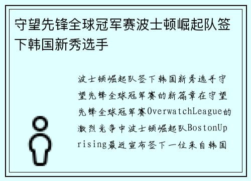 守望先锋全球冠军赛波士顿崛起队签下韩国新秀选手