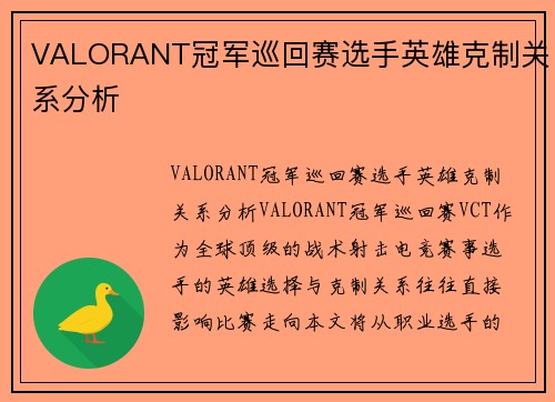VALORANT冠军巡回赛选手英雄克制关系分析