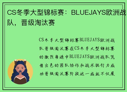 CS冬季大型锦标赛：BLUEJAYS欧洲战队，晋级淘汰赛